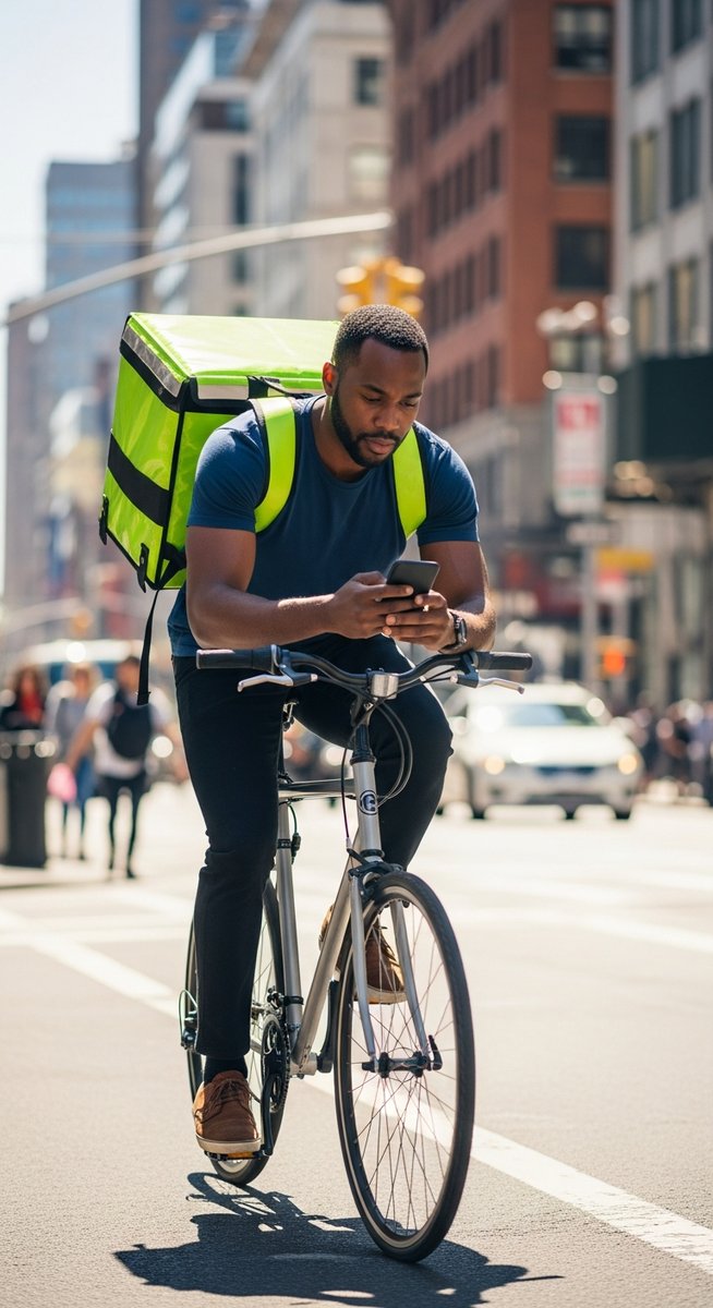 man on a bicycle with a delivery bag checking his phone on a city street