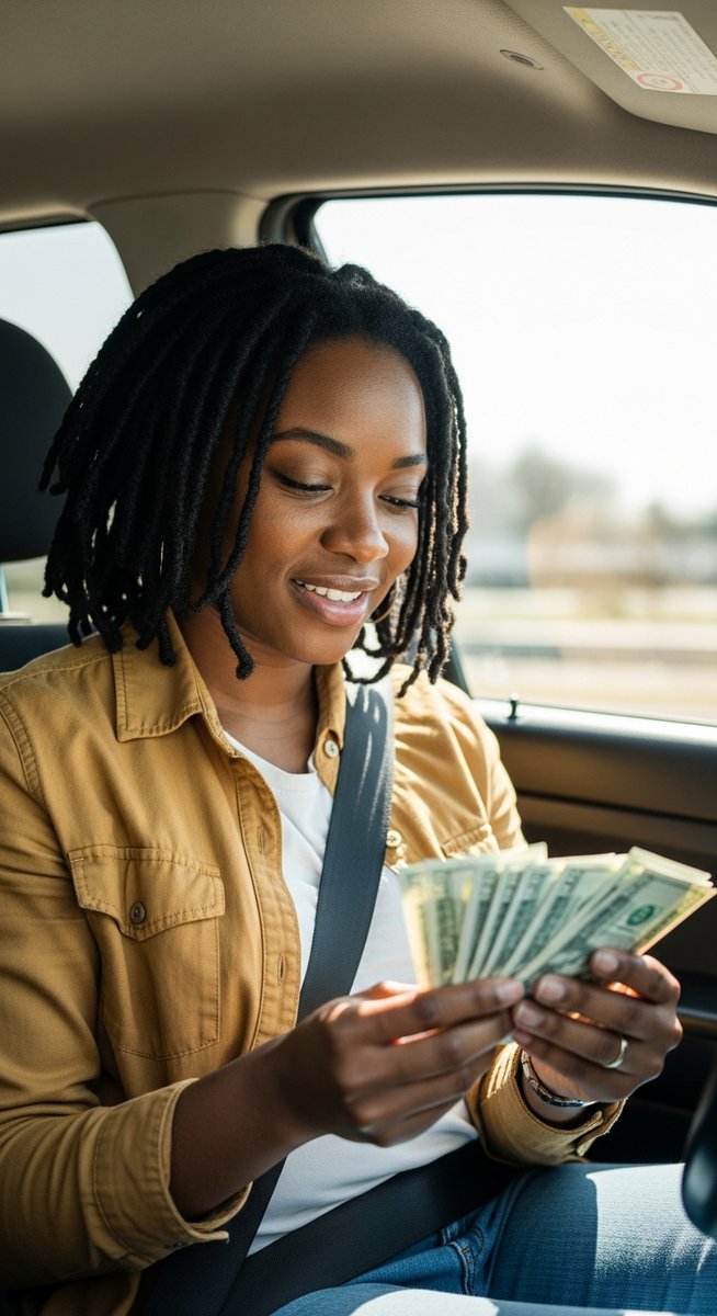 woman counting cash in the driver's seat of a car with a satisfied expression
