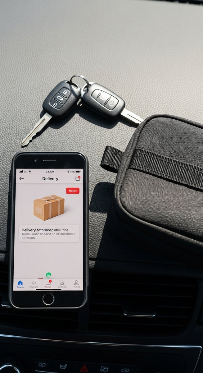 flatlay of a smartphone with a delivery app, car keys and an insulated bag on a car dashboard