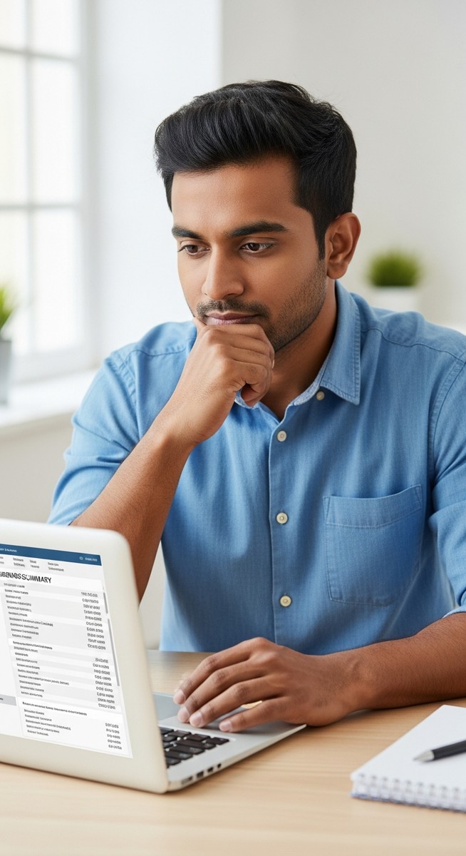 man reviewing an earnings summary on a laptop at a home desk