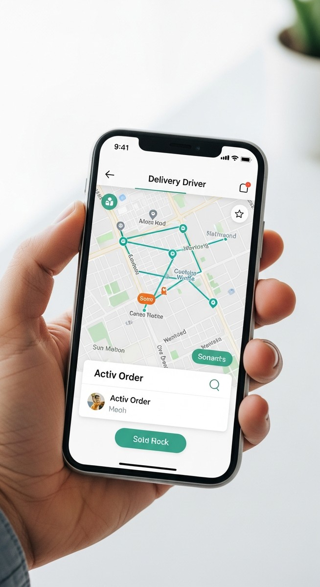 hand holding a smartphone showing a food delivery driver app with a map on screen