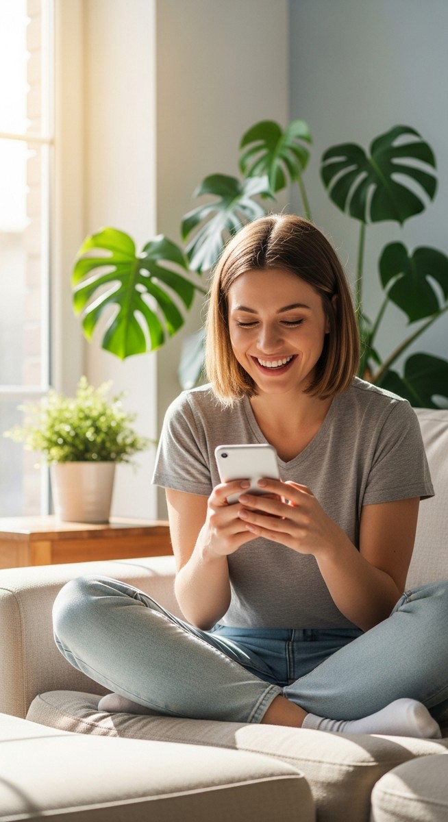 a woman smiling at her phone in a bright living room for selling on Etsy