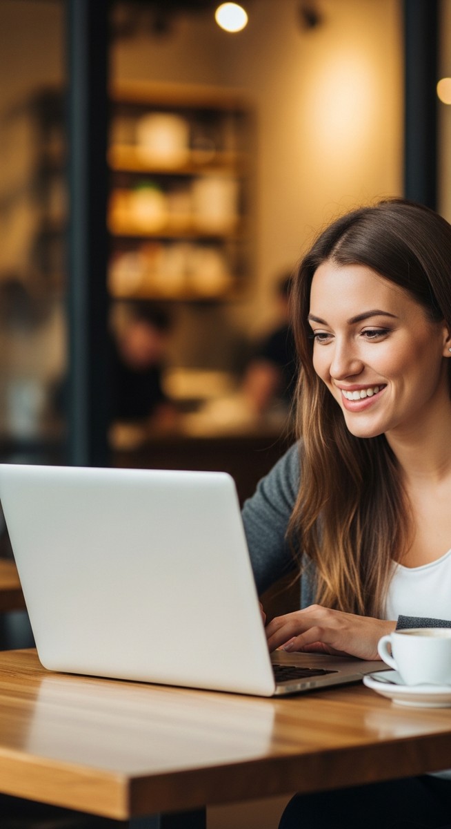 a woman working happily on her laptop for selling on Etsy