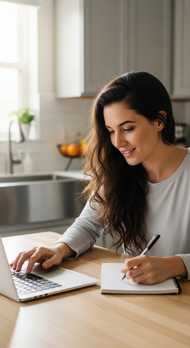 young woman taking notes next to her laptop at a kitchen table