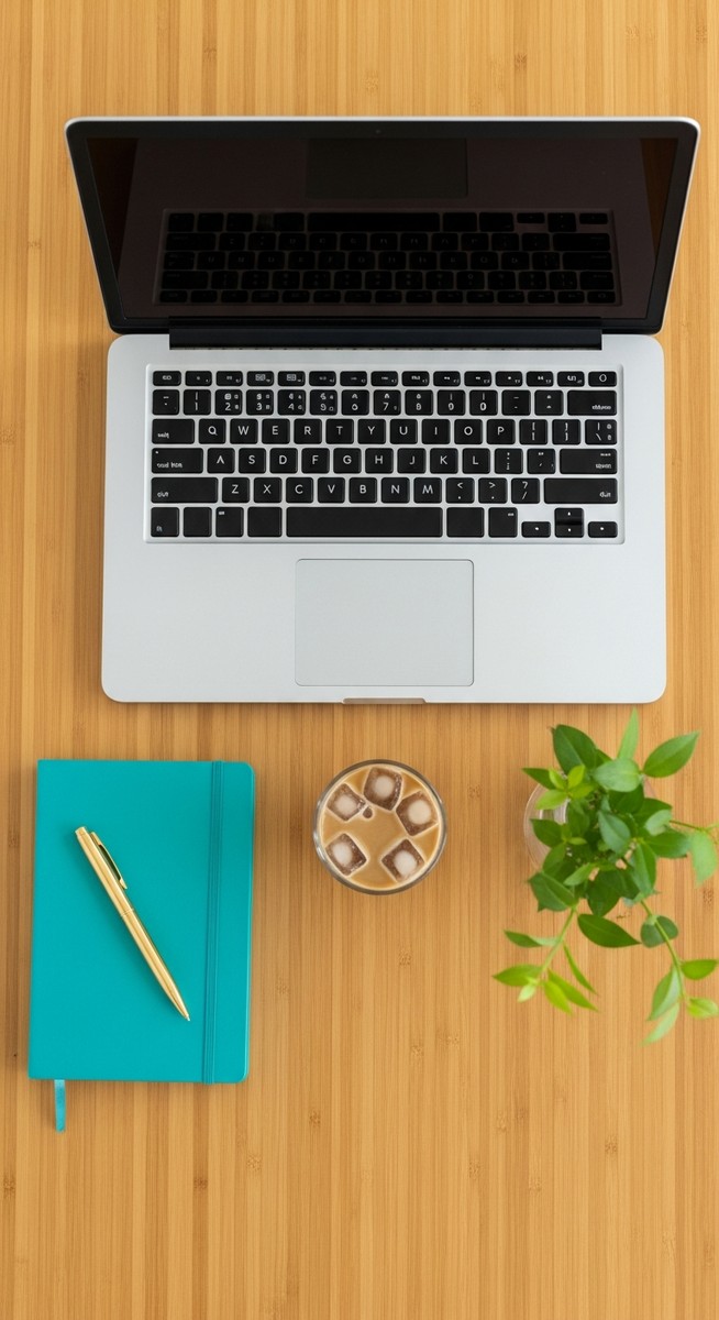 flatlay of a laptop and teal notebook on a wooden desk
