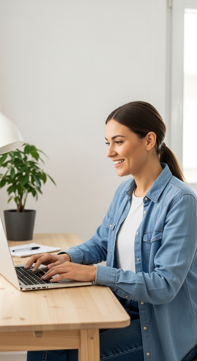 a woman looking satisfied at her laptop screen at home for selling on Etsy