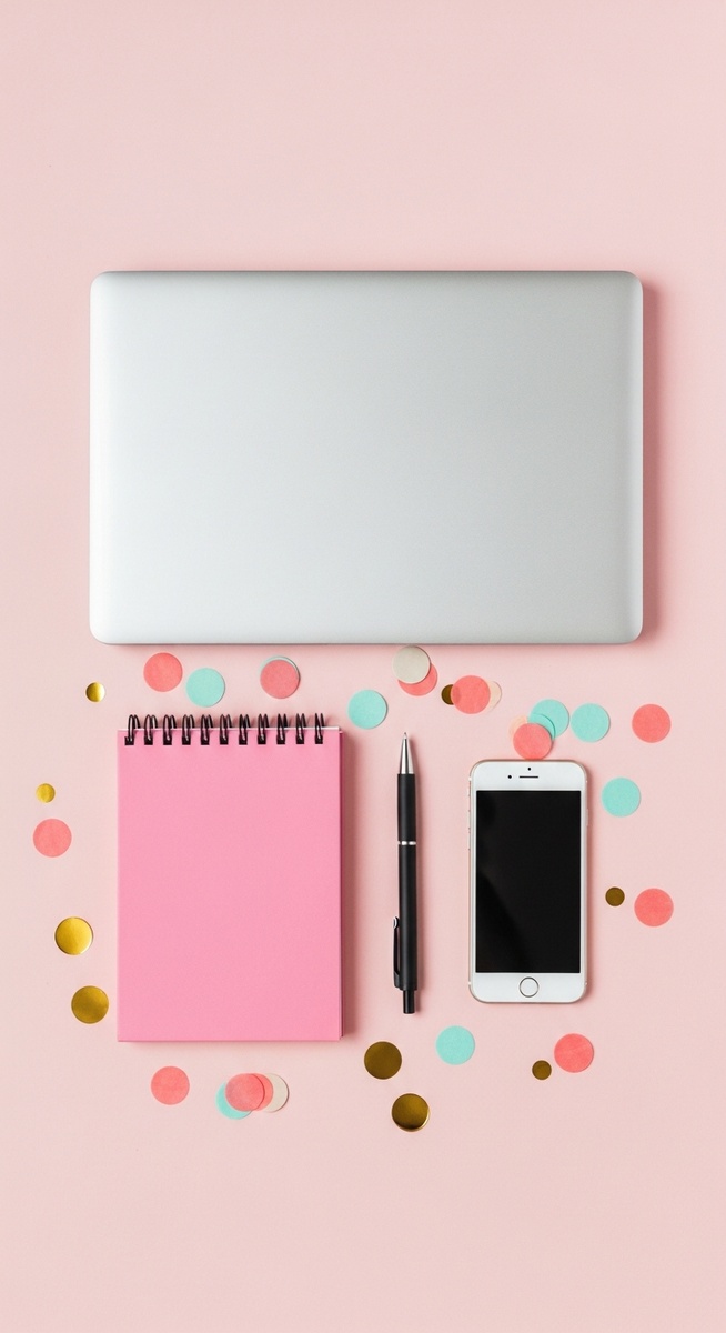pink flatlay with laptop, notebook, and phone
