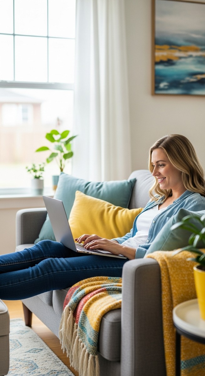woman smiling while working on her laptop at home