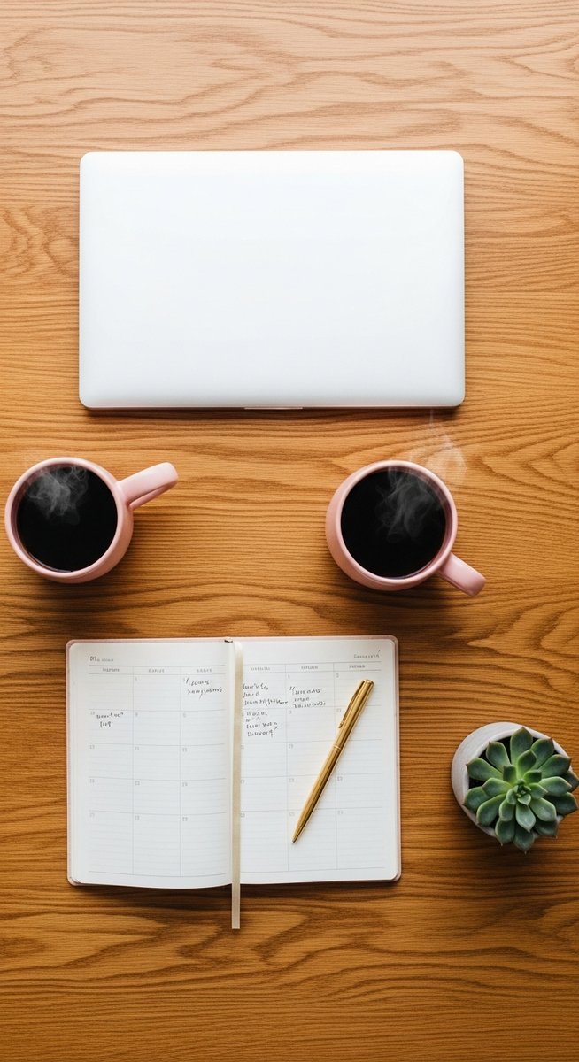 a flatlay of a planner, laptop, and succulent on a wooden surface for selling on Etsy