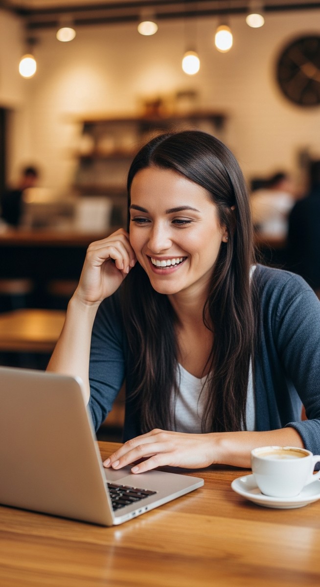 woman working happily on her laptop