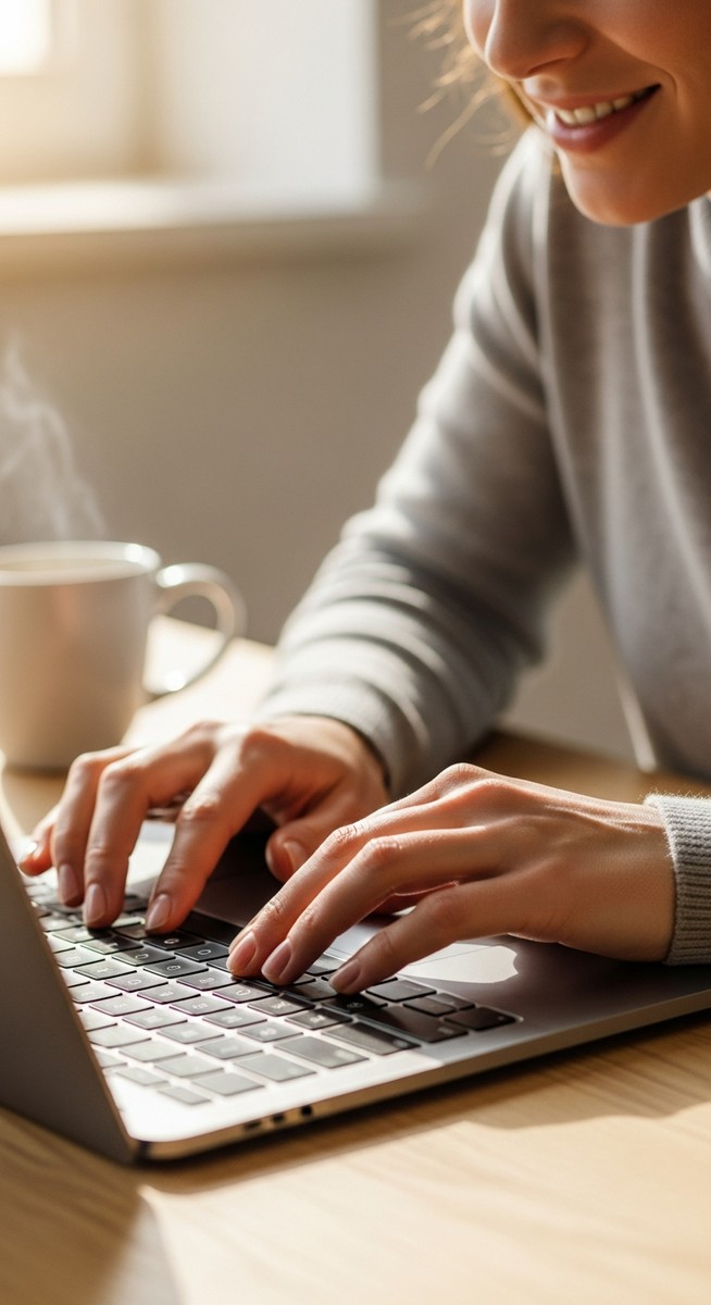 woman typing on a laptop at a bright clean desk