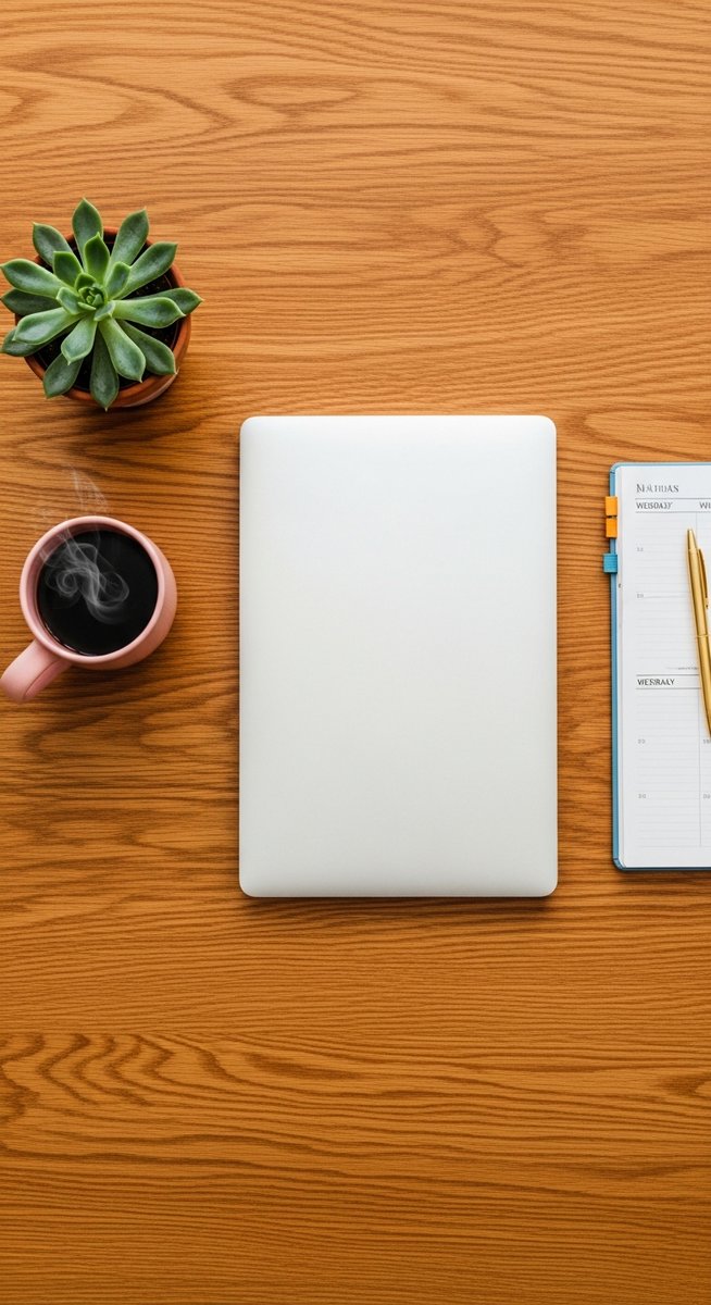 a flatlay of a planner, laptop, and succulent on a wooden surface for saving money