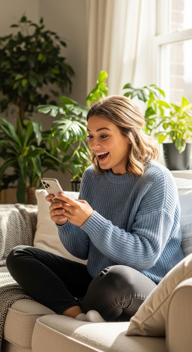 woman smiling at her phone in a bright living room