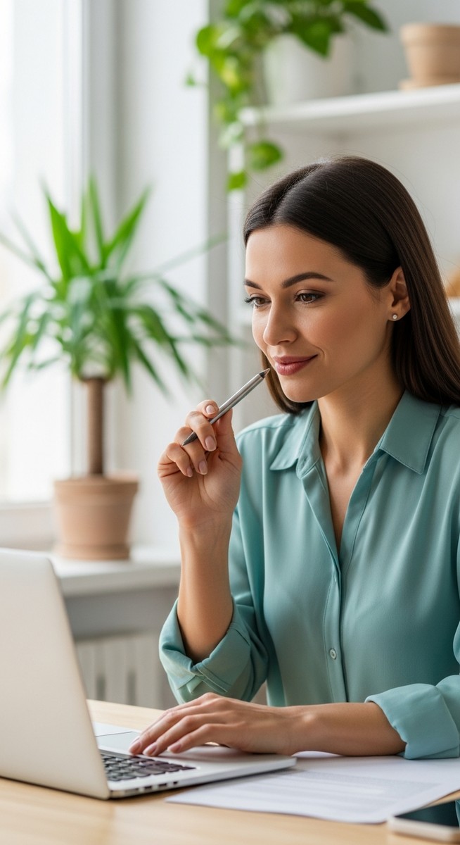 woman smiling and thinking at her home office desk
