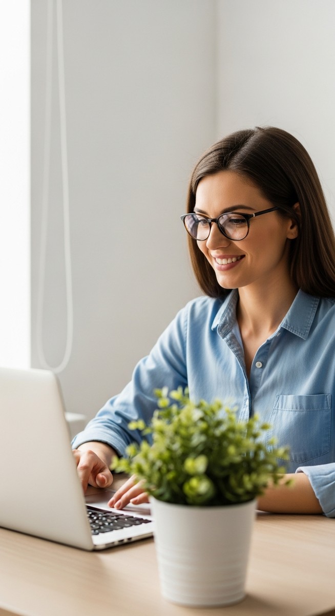 a woman looking satisfied at her laptop screen at home for saving money