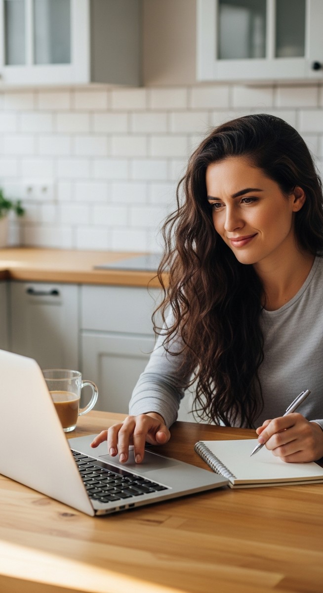 young woman taking notes next to her laptop at a kitchen table