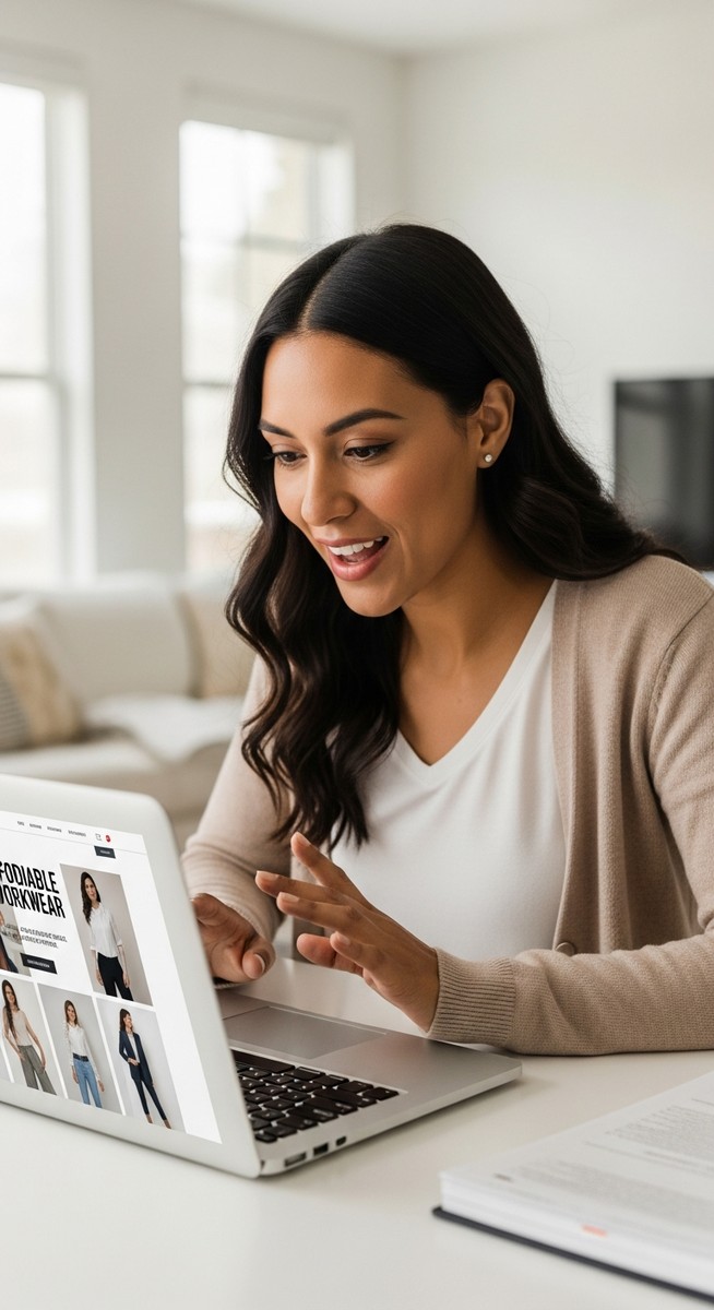 woman browsing affordable workwear on a laptop at a home desk