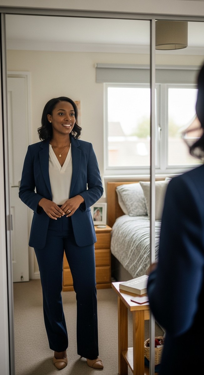 woman in a professional blazer and trousers looking confident in front of a wardrobe mirror