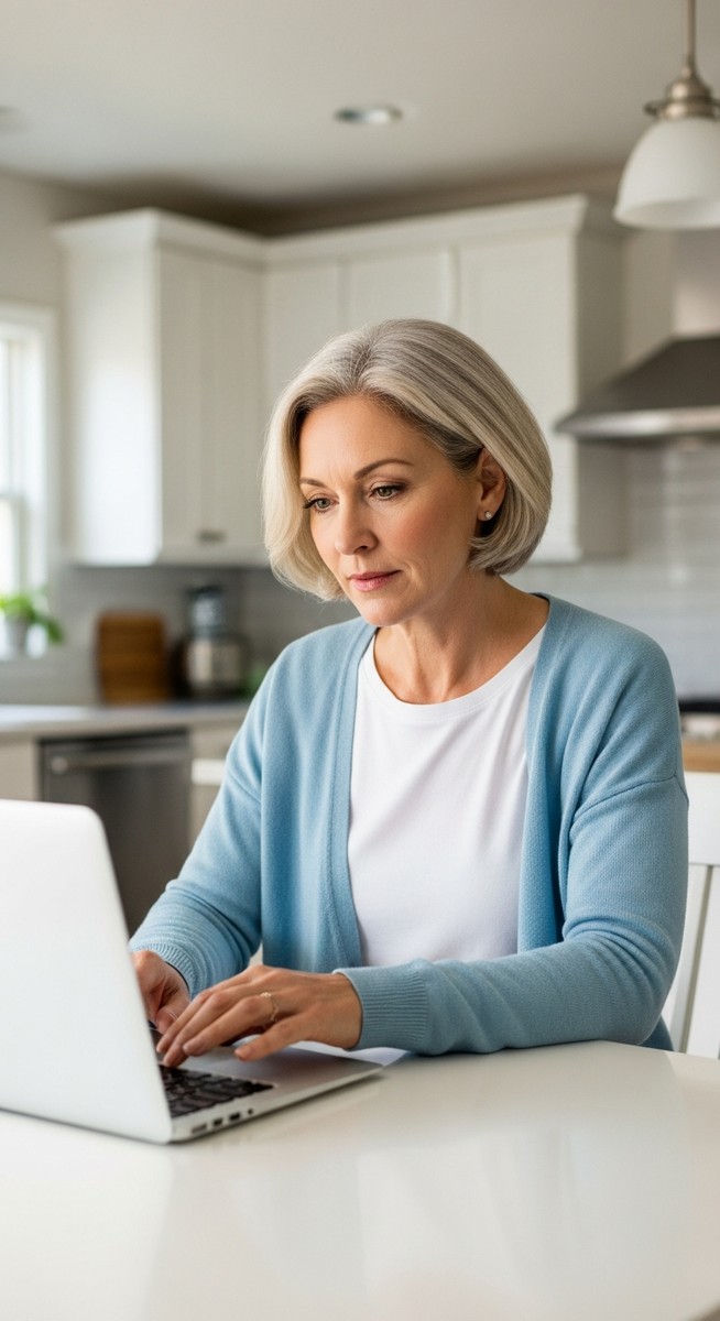a woman reviewing a budget wardrobe guide on a laptop at a kitchen table for budgeting