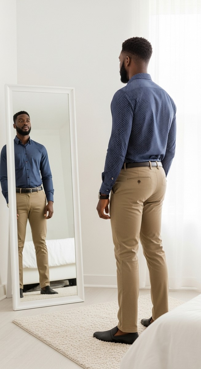 a young man in a smart casual outfit standing in front of a bedroom mirror for budgeting