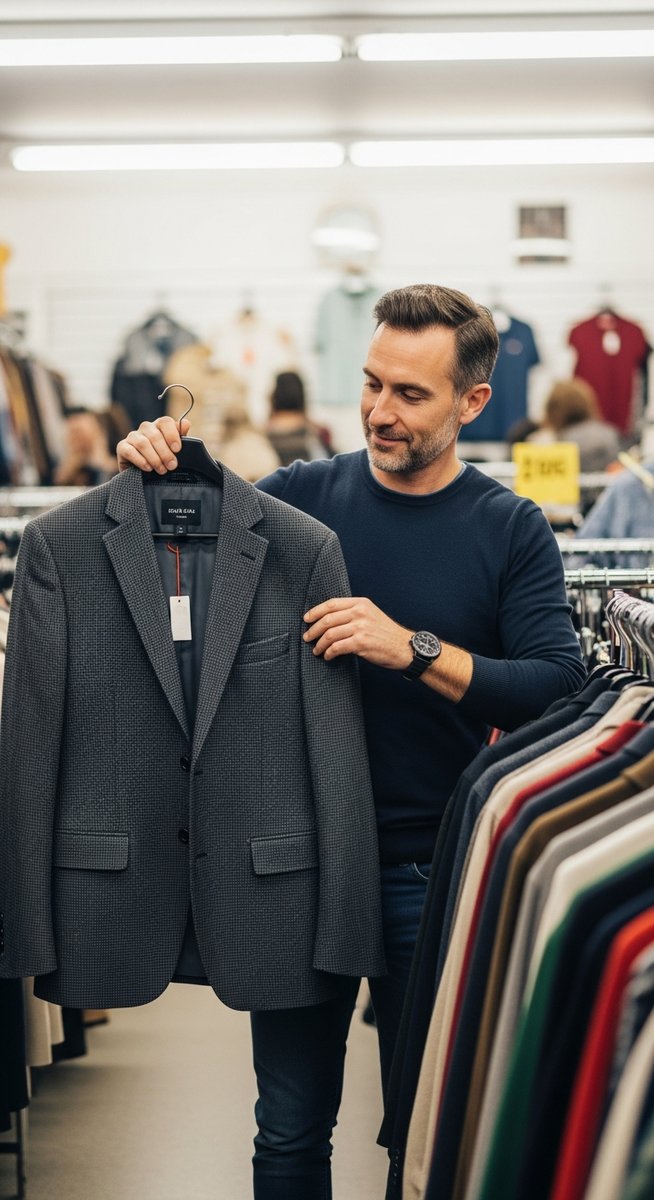 a man examining a smart blazer at a thrift shop for budgeting