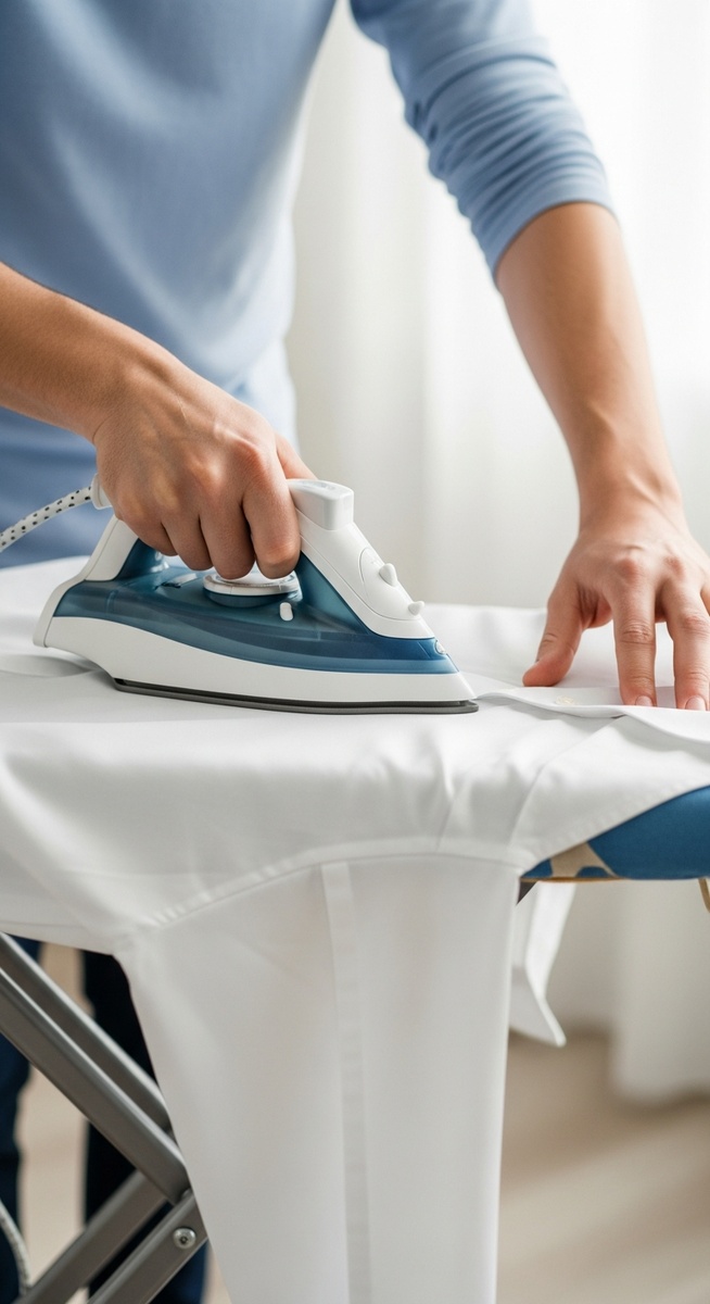 hands ironing a smart white shirt on an ironing board at home