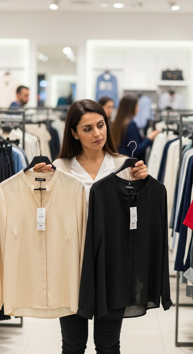 a woman comparing two blouses in a clothing shop for budgeting
