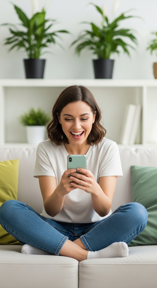 woman smiling at her phone in a bright living room