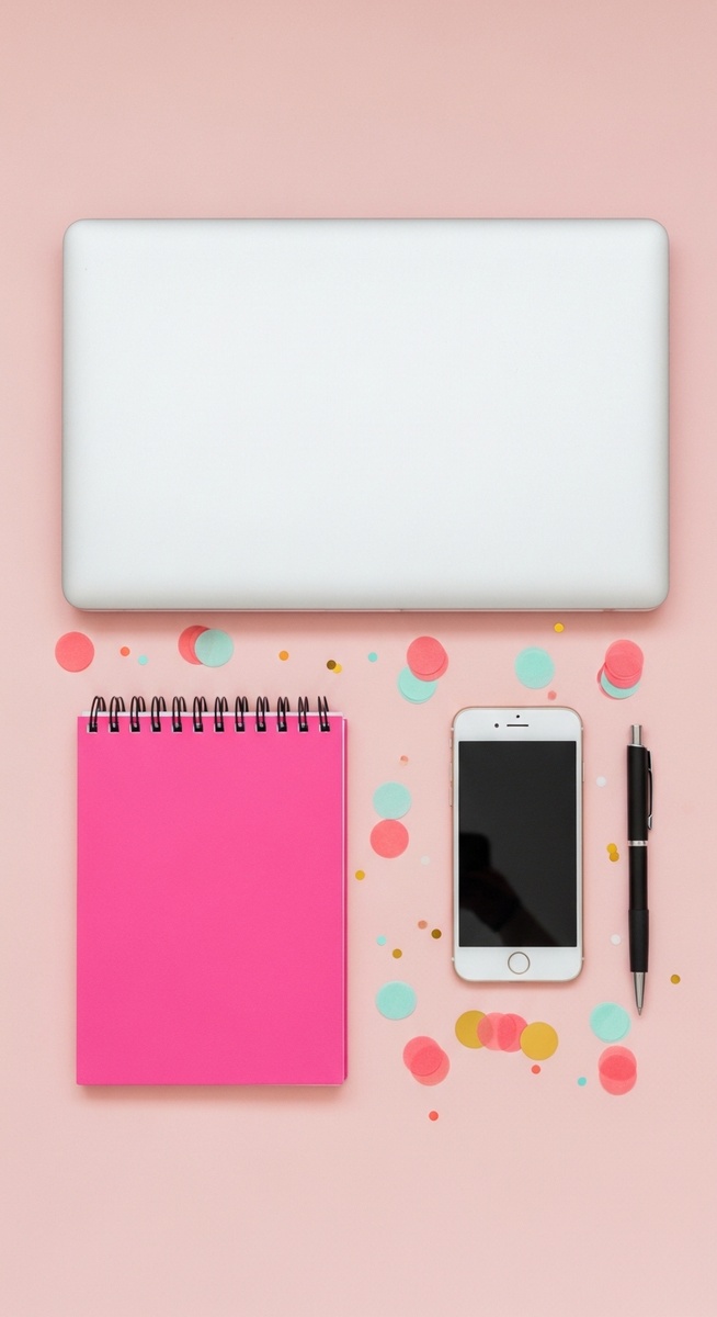 a pink flatlay with laptop, notebook, and phone for freelancing
