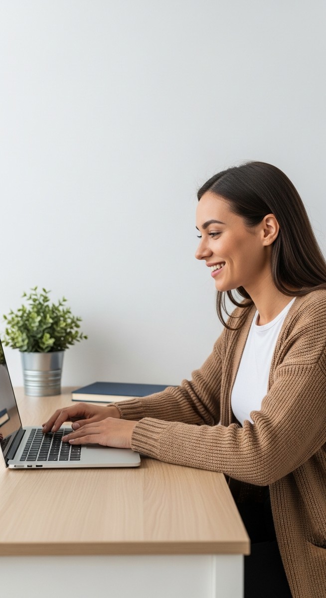 a woman looking satisfied at her laptop screen at home for freelancing