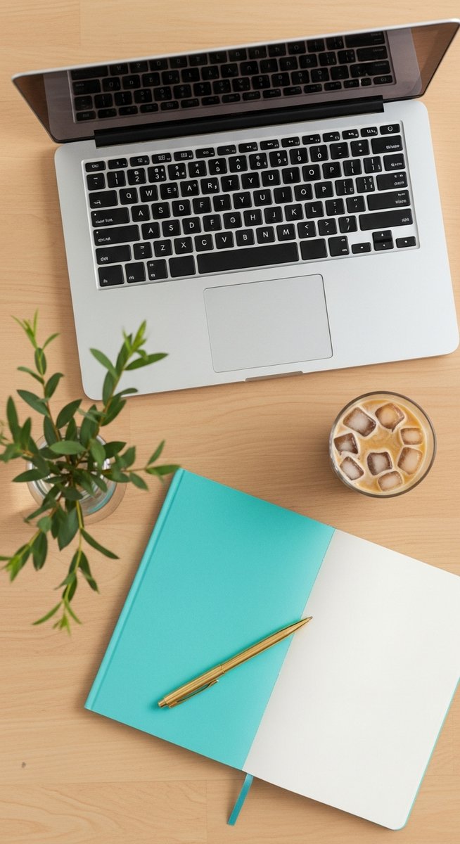 a flatlay of a laptop and teal notebook on a wooden desk for freelancing
