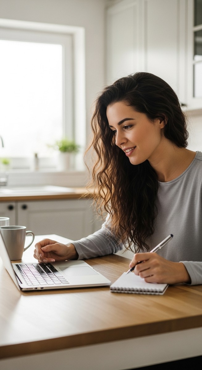 a young woman taking notes next to her laptop at a kitchen table for freelancing