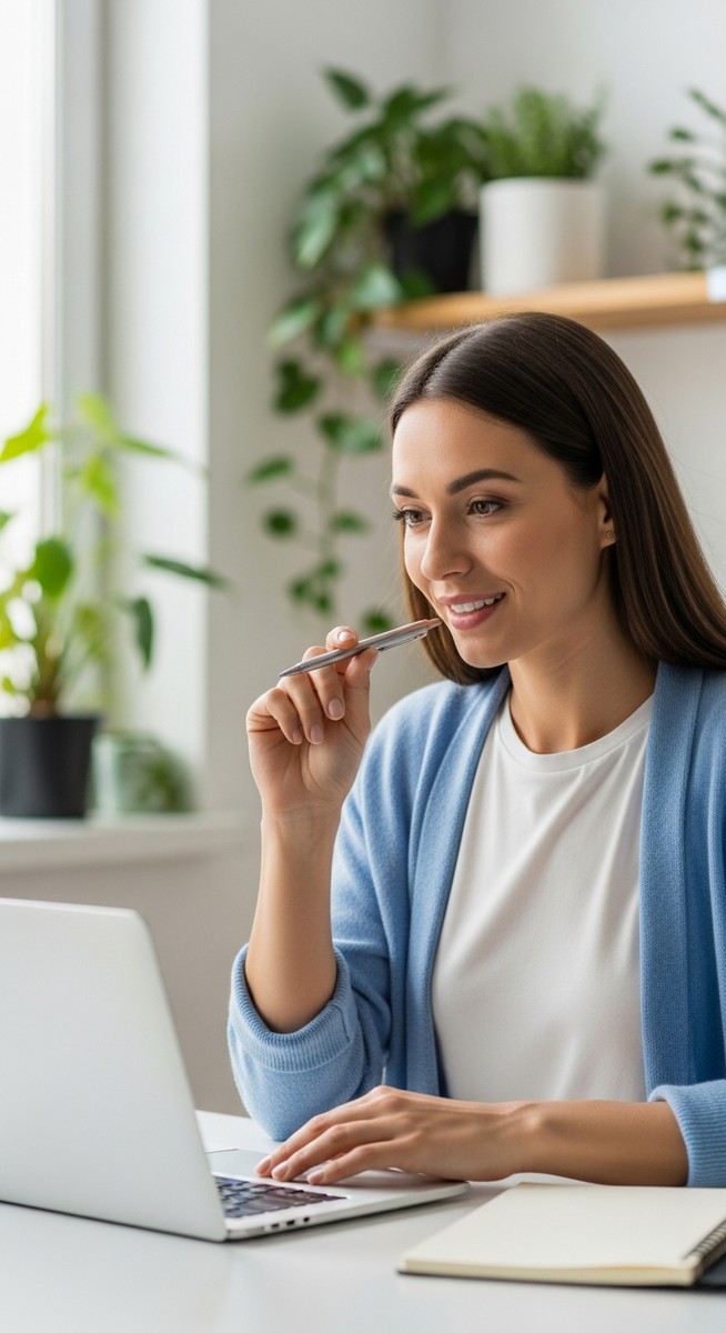 a woman smiling and thinking at her home office desk for freelancing