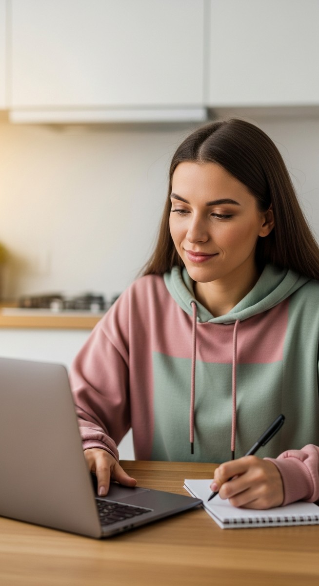 young woman taking notes next to her laptop at a kitchen table