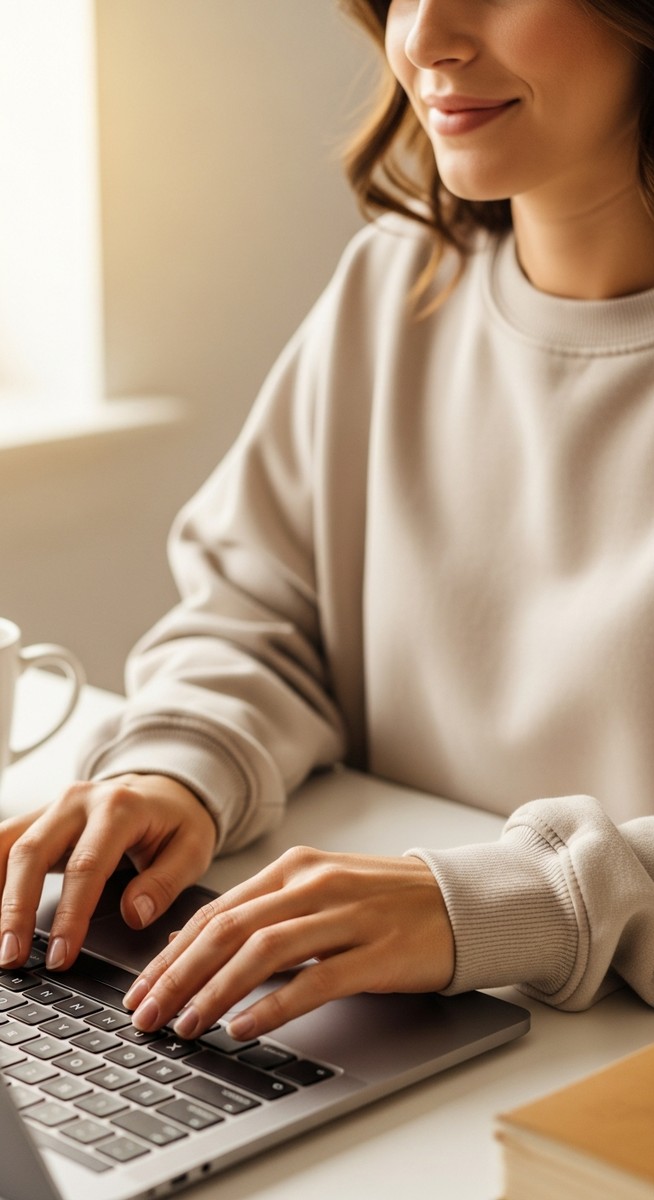 woman typing on a laptop at a bright clean desk