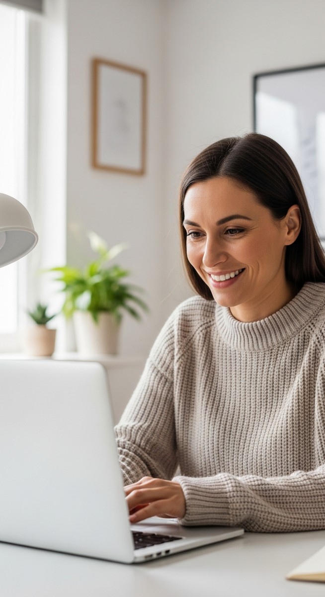 a woman working confidently on her laptop at a bright home desk for selling on Etsy