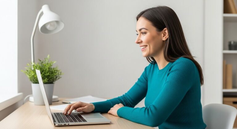 a woman looking satisfied at her laptop screen at home for selling on Etsy