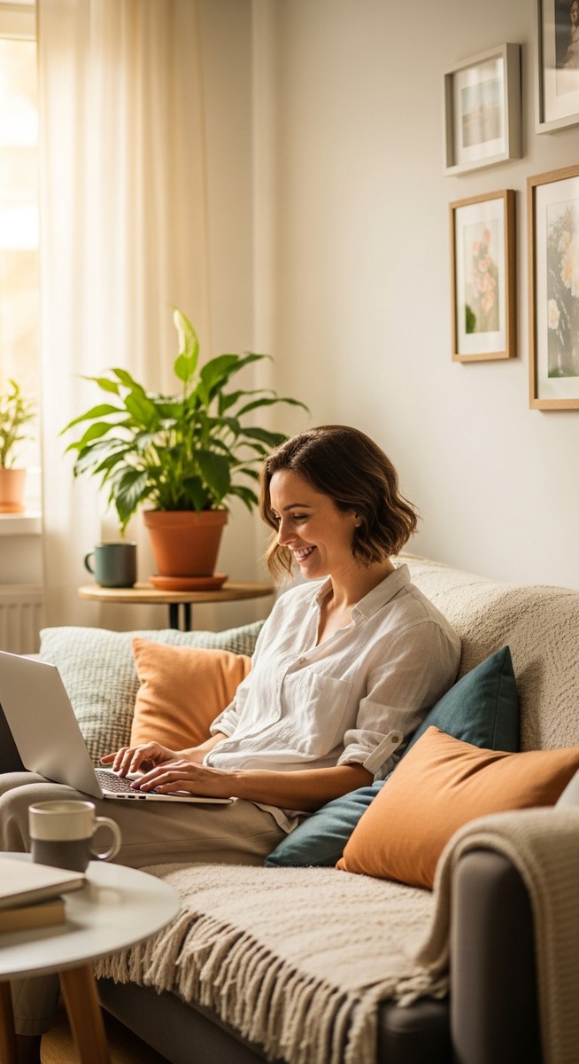 woman smiling while working on her laptop at home