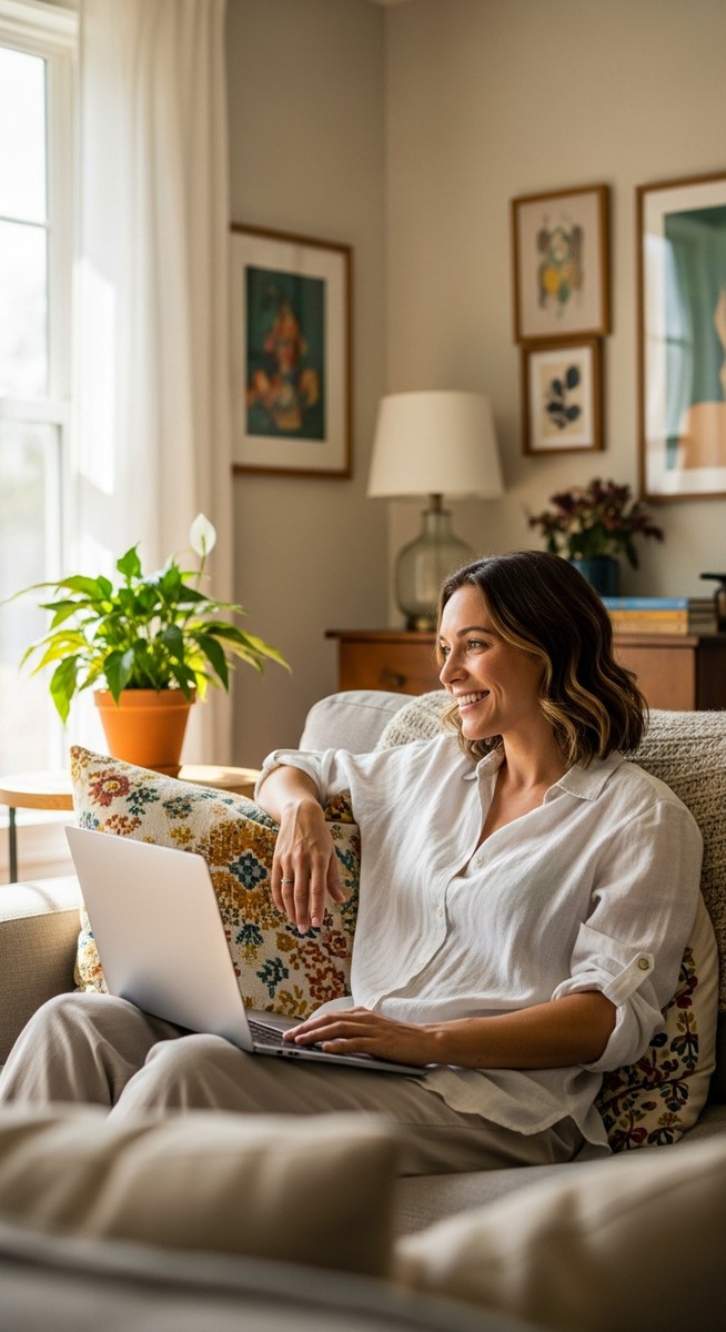 woman smiling while working on her laptop at home