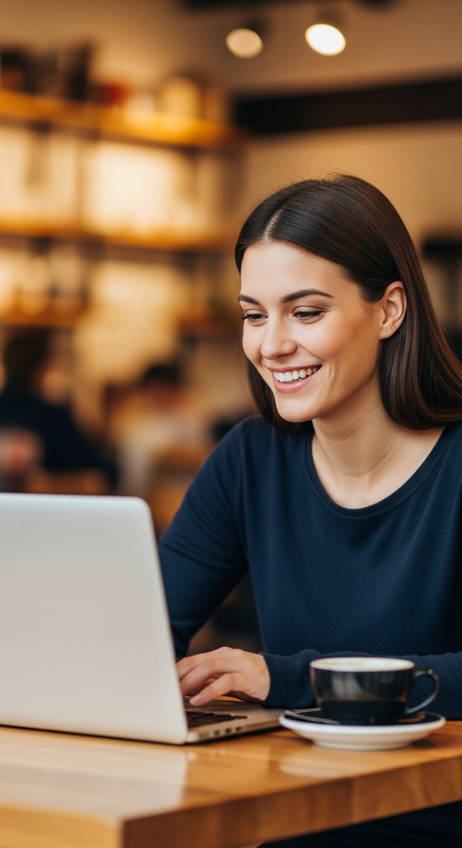 woman working happily on her laptop
