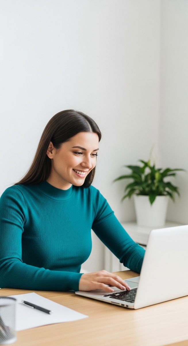woman looking satisfied at her laptop screen at home