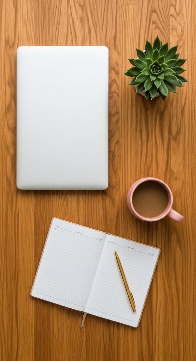 flatlay of a planner, laptop, and succulent on a wooden surface