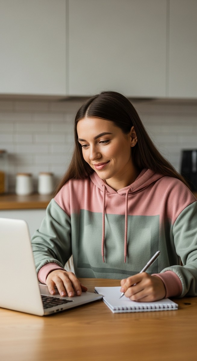 young woman taking notes next to her laptop at a kitchen table