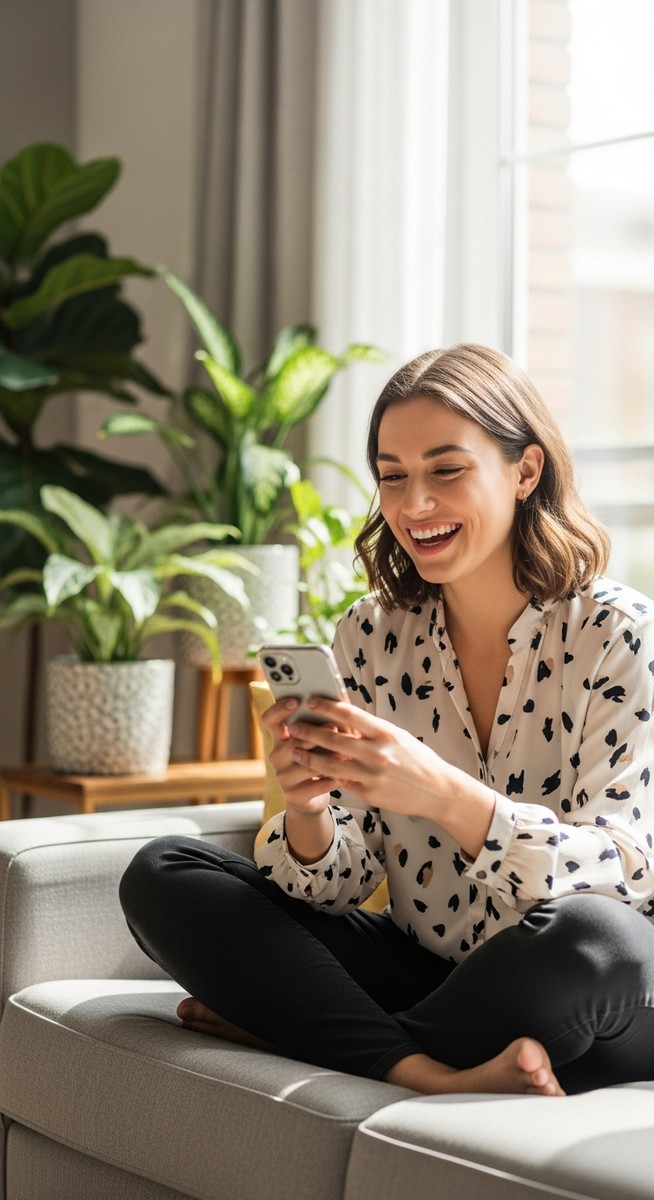 woman smiling at her phone in a bright living room