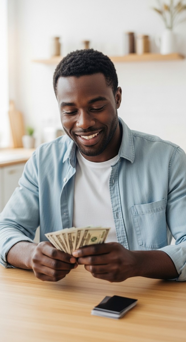 man counting cash beside a stack of gift cards at a kitchen table