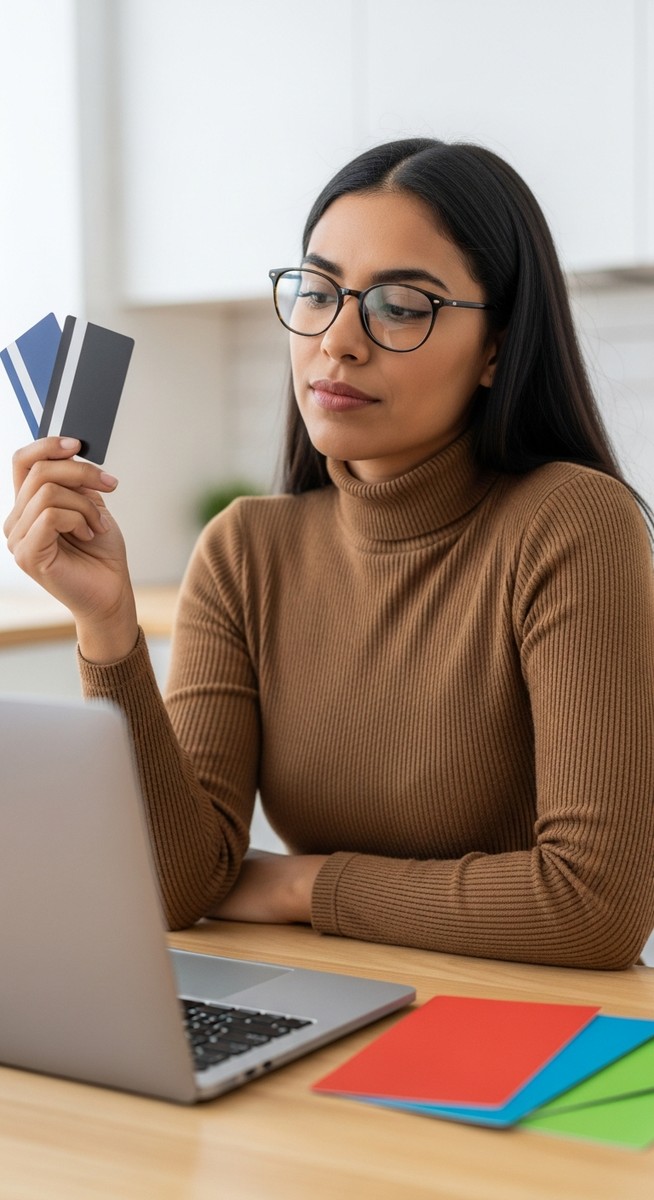 woman examining a gift card while sitting at a kitchen table with a laptop