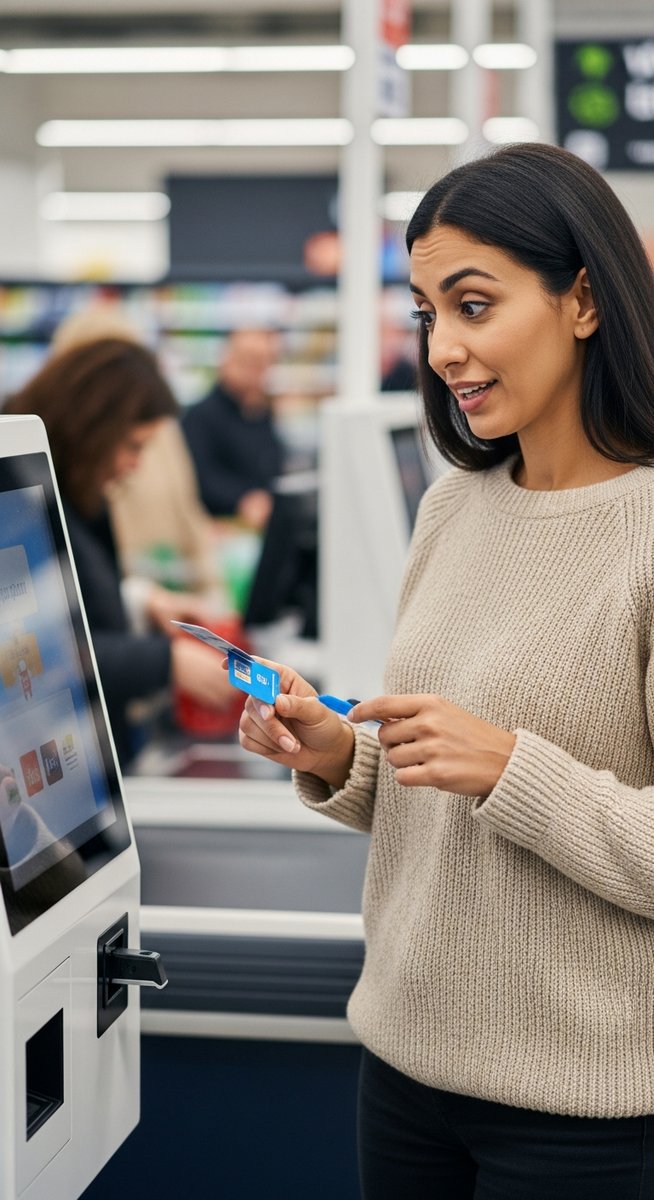 a woman standing beside a gift card kiosk at a supermarket to get gift cards
