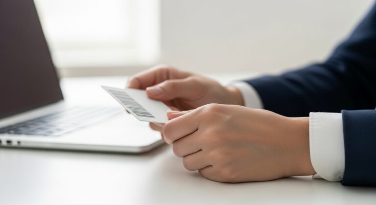 a hand holding a gift card with a barcode over a desk with a laptop in the background to get gift cards