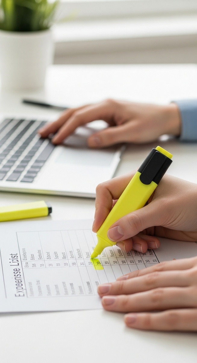 hands highlighting items on a printed expense list at a desk with a laptop in the background