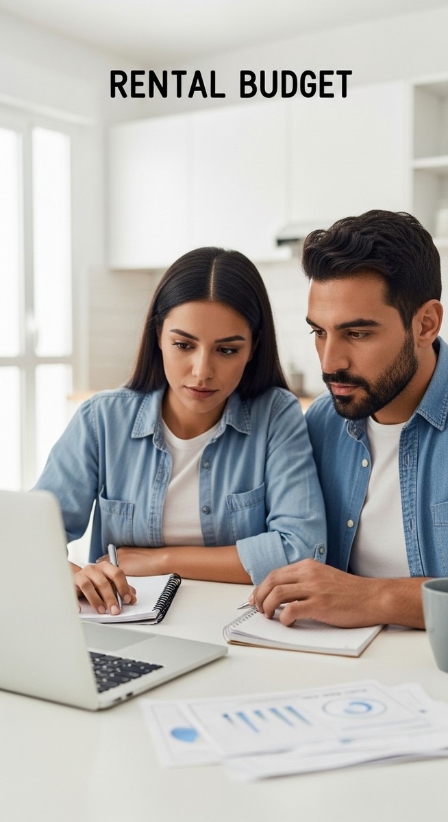 couple reviewing a rental budget on a laptop together at a kitchen table